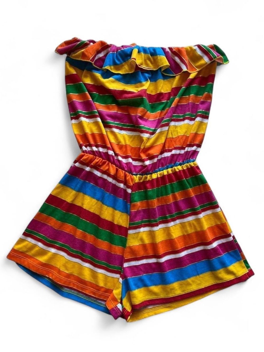 Vintage 80s Rainbow Stripe Strapless Romper Playsuit Ruffle Metallic USA L